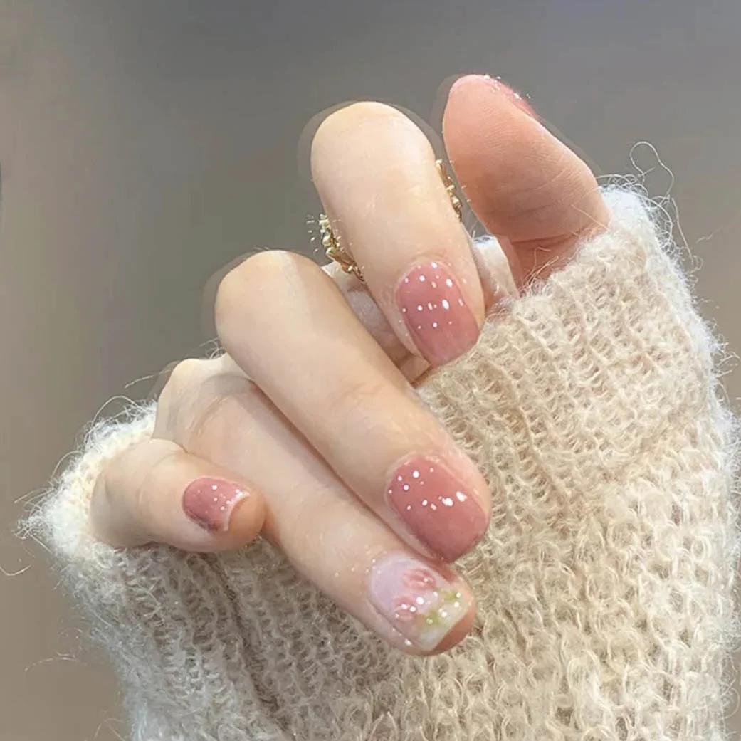 24pcs Fake Nails With Glue Tulip Printed Nude Color Type Removable Short Paragraph Fashion Manicure False Nails Patch DL-Nail Inspo