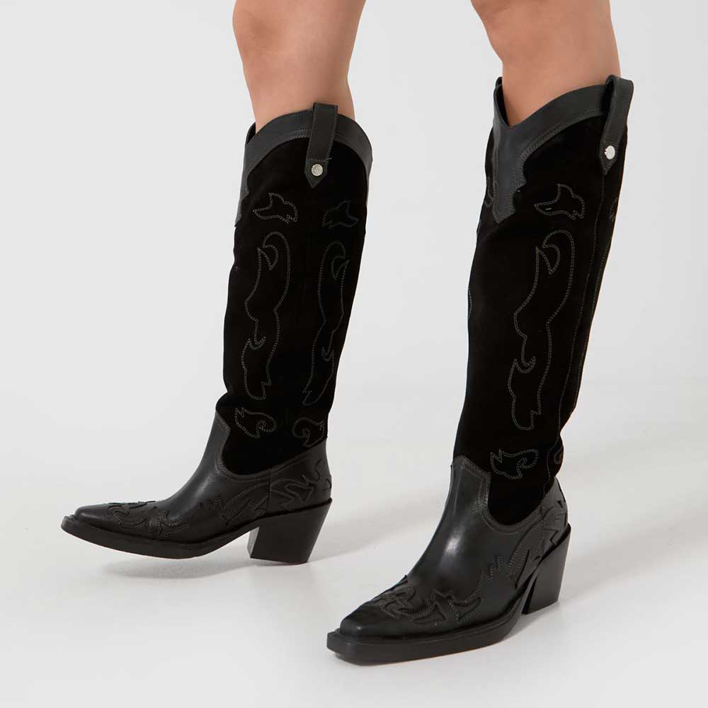Black Vegan Leather & Faux Suede Snip Toe Heeled Knee Cowgirl Boots