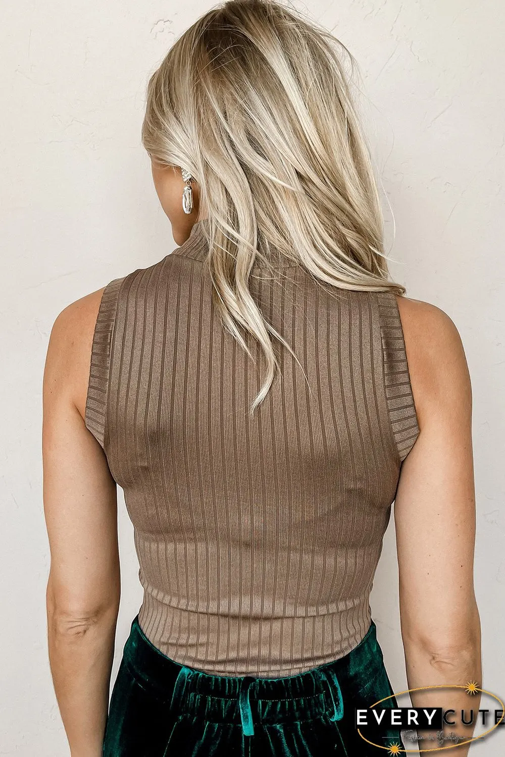 Khaki Ribbed Knit High Neck Tank