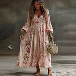 Women's Vintage Retro Floral Art Flowy Linen Blend Casual Long Sleeve Maxi Dress - Image 2