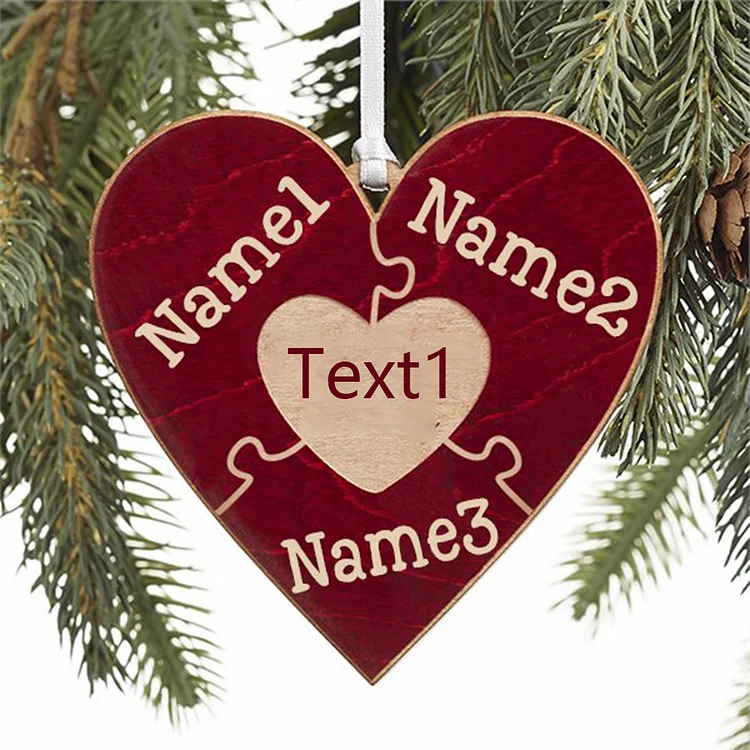 Heart Puzzle Ornament Personalized 3 Names Wooden Family Ornament