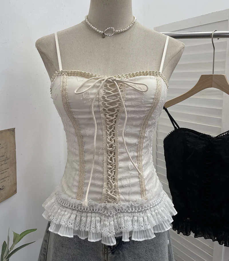 Nigikala Nigikala Self-Breasted Tector-Boo-Tie Baroque Lace Strapped Sling Vest Short Corset 8832