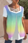 Plus Size Cross Strap Rainbow Print Short Sleeve Blouses