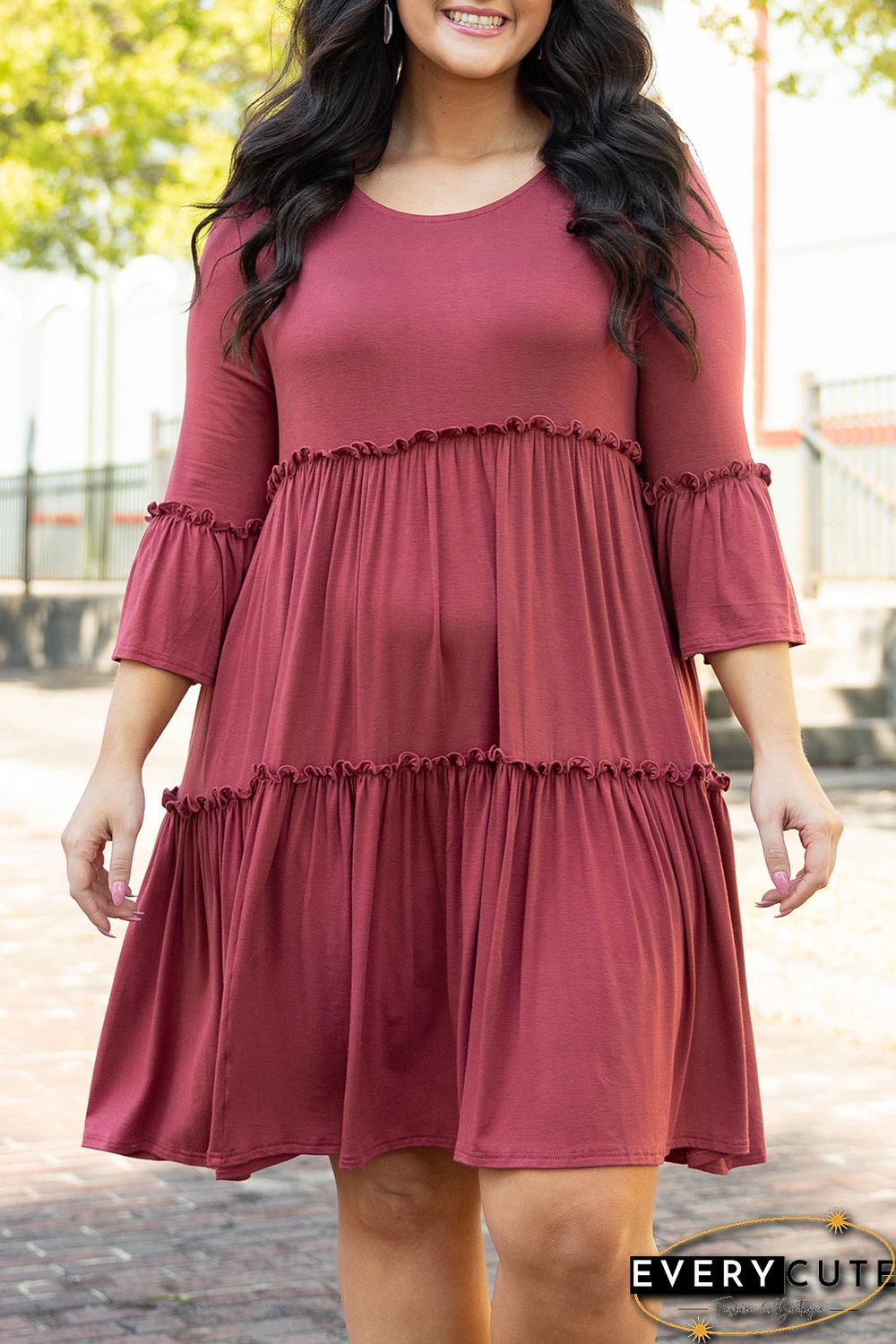 Red Tiered Ruffled 3/4 Sleeve Plus Size Dress