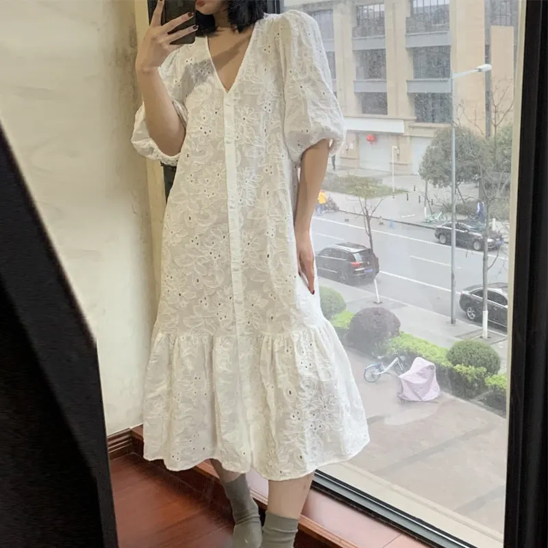 2021 Spring Summer Women White Sexy V-Neck Hollow Party Dress Casual Solid Embroidery Loose Midi Dresses Ladies Vestidos