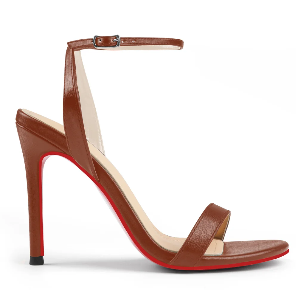 100mm Women's Sandals Round Open Toe Red Bottom Ankle Straps Matte Pumps-MERUMOTE