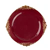 10 Pack | 8" Round Plastic Dessert Salad Plates In Vintage Burgundy, Gold Leaf Embossed Baroque Disposable Plates