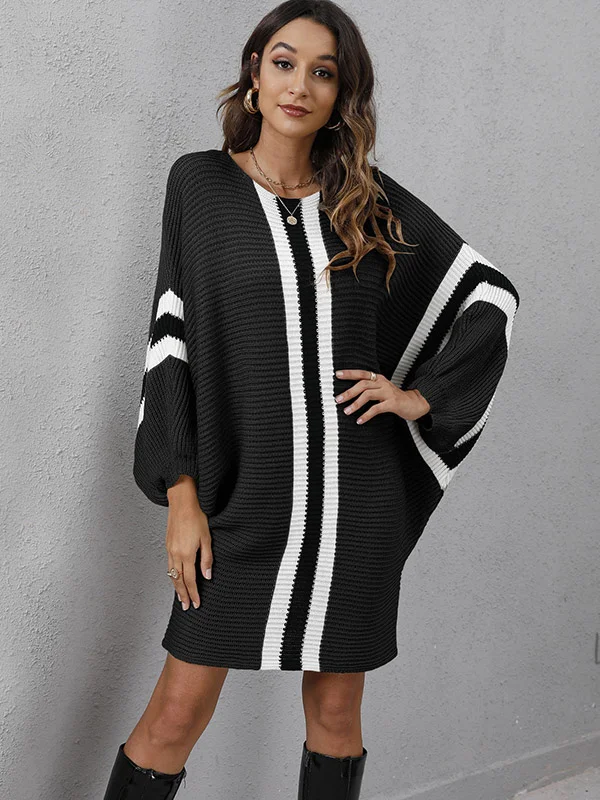 Original Loose Batwing Sweater Dress with 4 Color Stripes and Long Sleeves