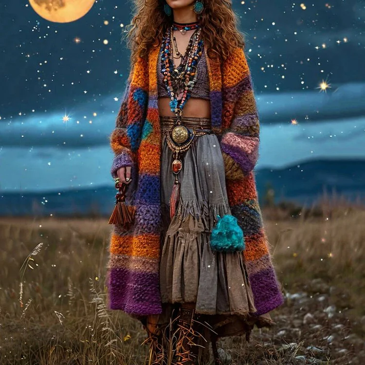 Women's Rainbow Colorful Patchwork Pattern Print Cardigan