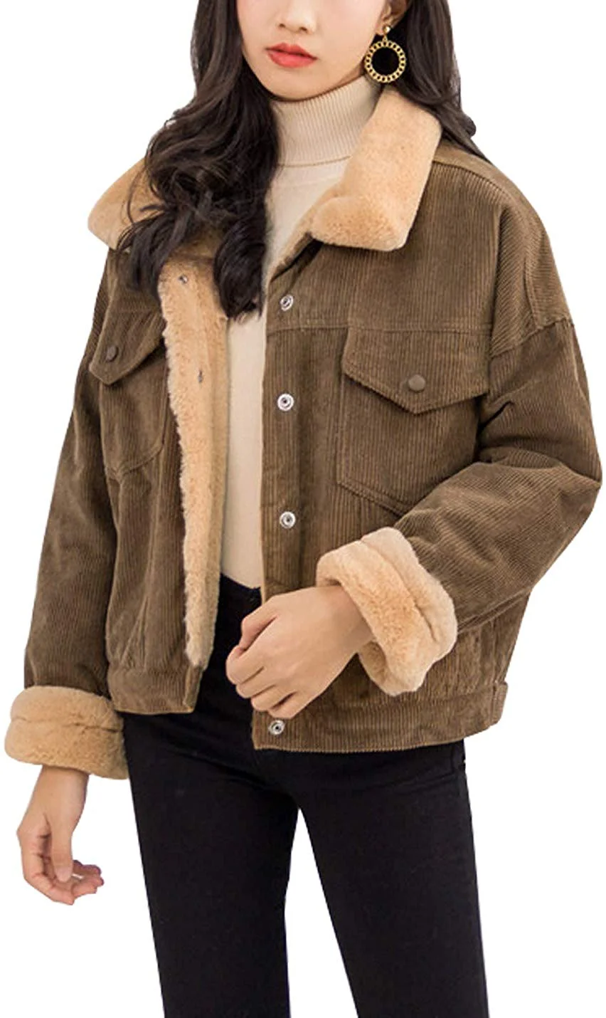 Women's Vintage Corduroy Sherpa Fleece Lined Jacket Thickened Warm Quilted Jacket