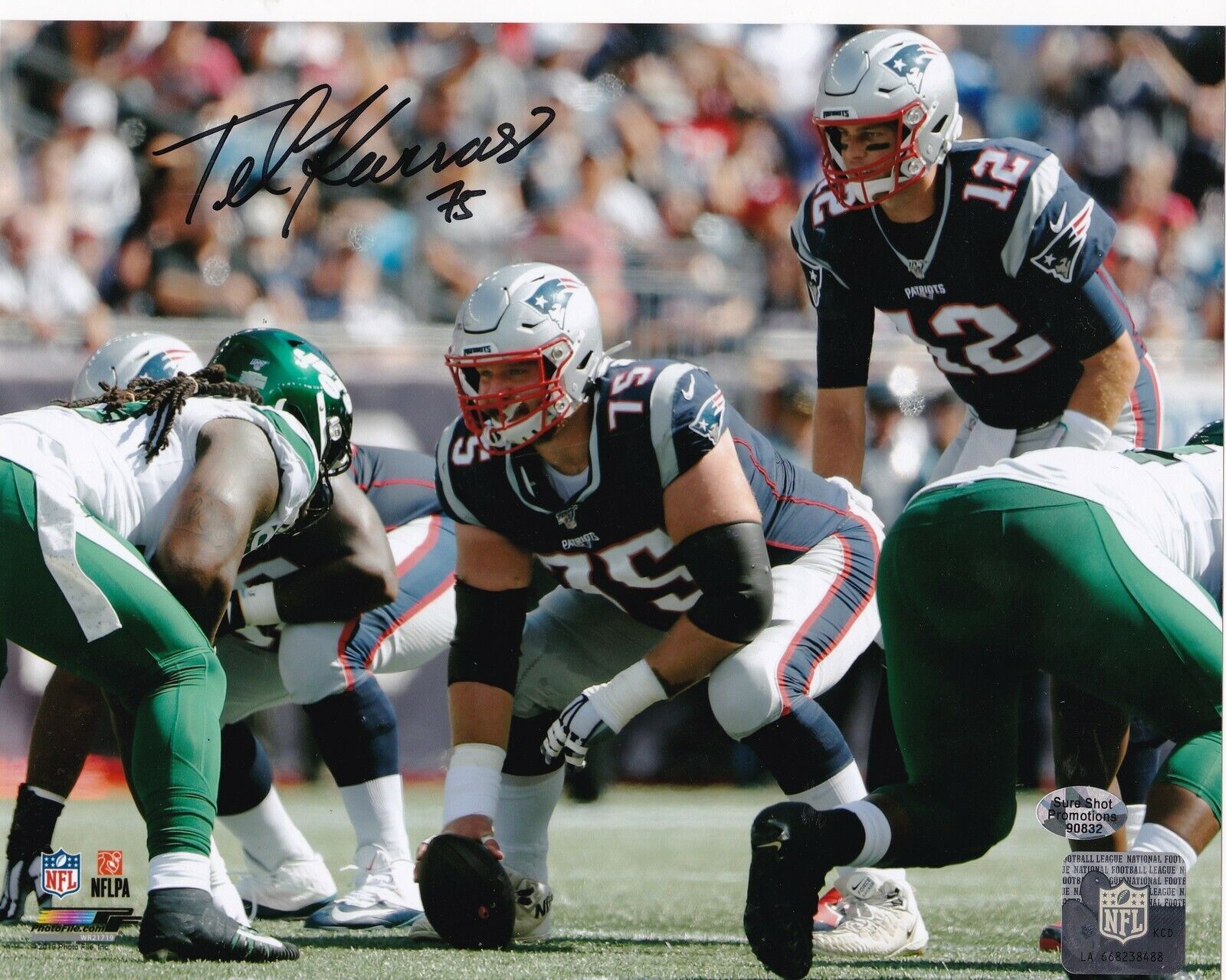 TED KARRAS NEW ENGLAND PATRIOTS W/ BRADY ACTION SIGNED 8x10