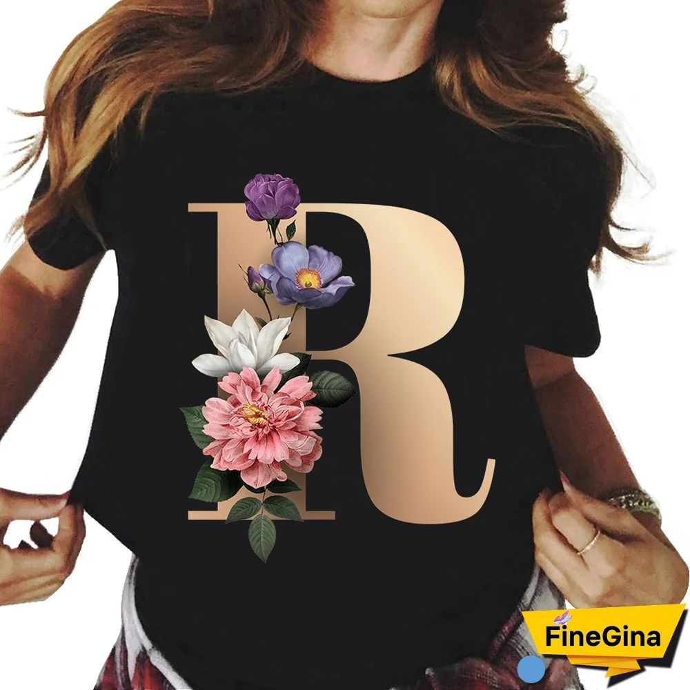 Custom Name Letter Combination T-shirt 26 FloralAlphabetFontClassicTShirt Fashion Harajuku Kawaii TShirt Women Top Tees