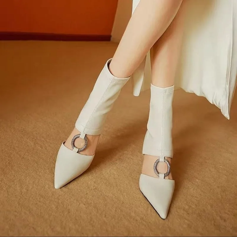 2022 Womens Pointed  The Knee Boots Cut Out Rhinestones Square Circle Buckle High Heel Shoes Real Leather Black  High Heels