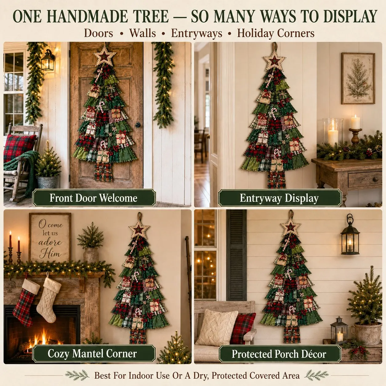 Christmas gifts candy canes bows and berries on patchwork tree