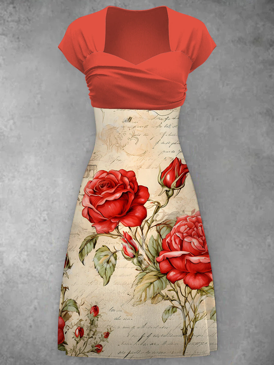 Elegant Baroque Flower Print V-Neck Short Sleeve Midi Dress