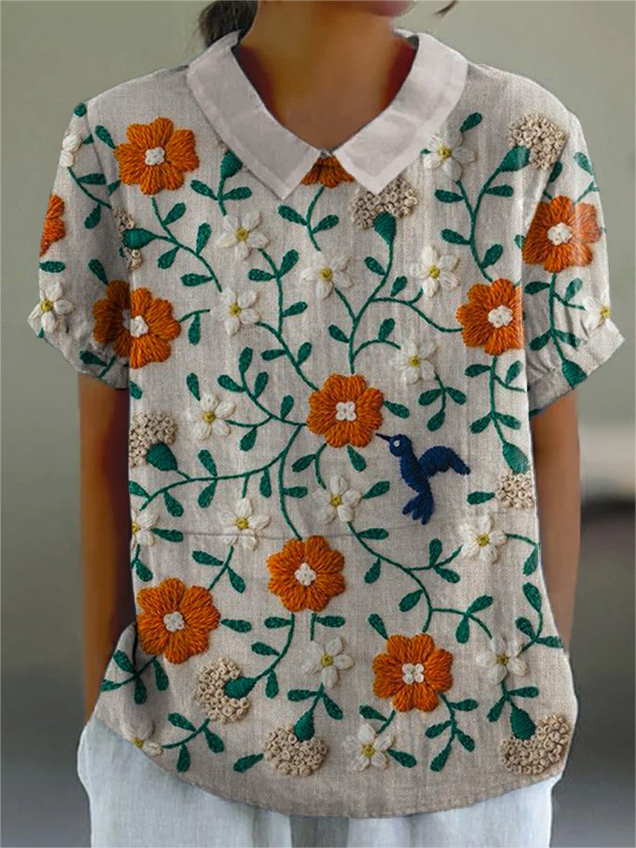 Women's Retro Floral Art Print Casual Cotton And Linen Shirt