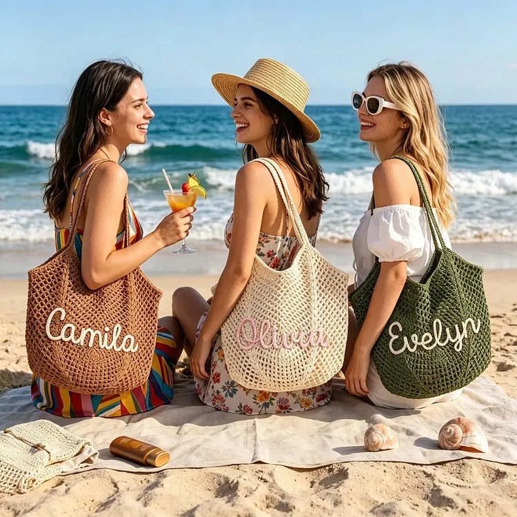 Personalised Straw Knitted Beach Bag and Crochet Tote - Unique Bridesmaid Gift Bags, Travel Wedding Favor, Bachelorette Trip Present