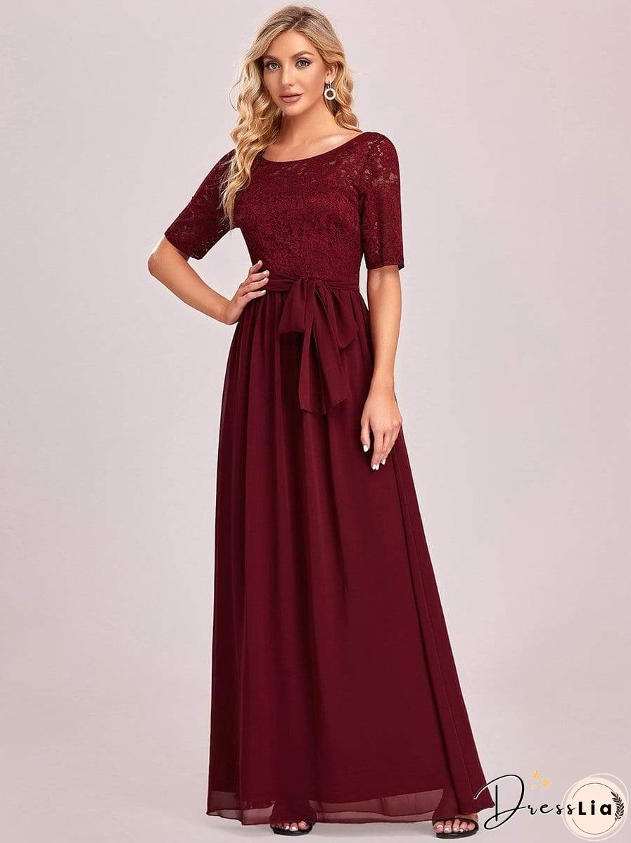 Sophisticated Lace Bodice Chiffon Maxi Evening Gown with Belt for Elegant Occasions