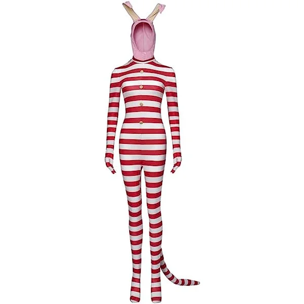 Women's Popee The Performer Costume Red and White Striped Jumpsuits With Rabbit Funny Hat for Halloween Large