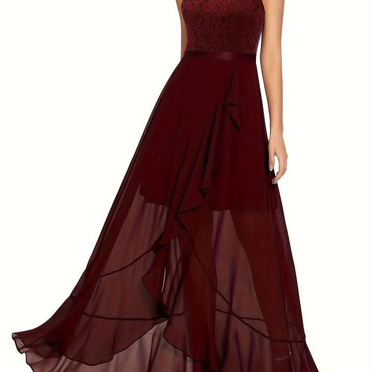 Cap Sleeve Lace Cascade Dress, Elegant Scallop Trim V Neck Split Hem Dress, Women's Clothing