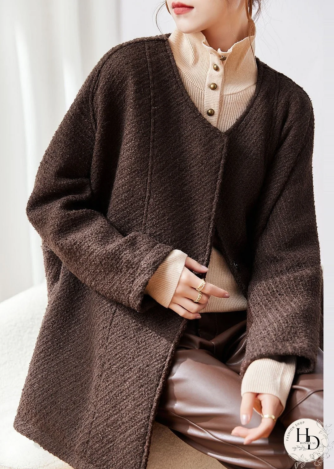 Plus Size Coffee Button Patchwork Cozy Woolen Coat Fall
