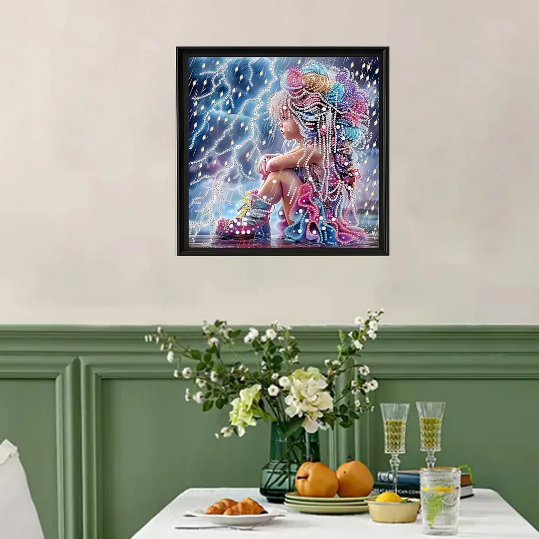 Rainy Beaded Girl Special Shaped 5D DIY Partial Drill Diamonds Dots Gem Art Kits for Adults Beginners Home Decor Diamond Dots Paintings Diamonds Paintings Gem Art 11.81 X11.81inch