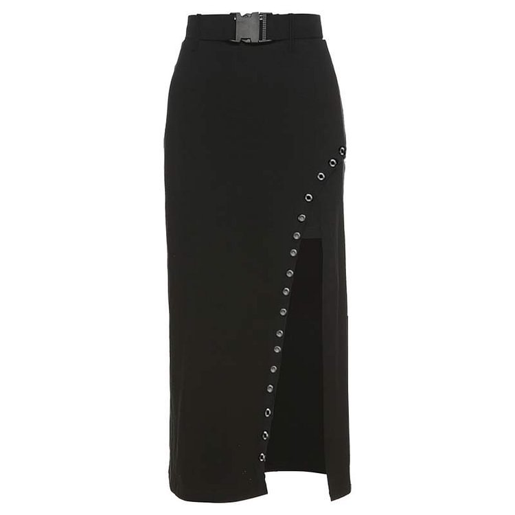 Gothic High Waist Belted Slit Skirt - Modakawa modakawa