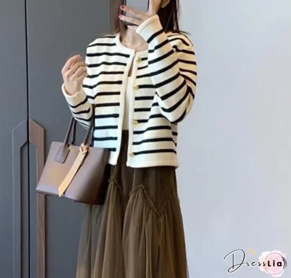 Button Long Sleeve Stripe Casual Sweater For Women
