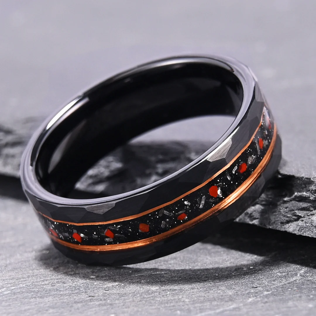 6MM 8MM Dinosaur Fossil Inlay Tungsten Carbide Rings Electroplated Black Tungsten Wedding Bands