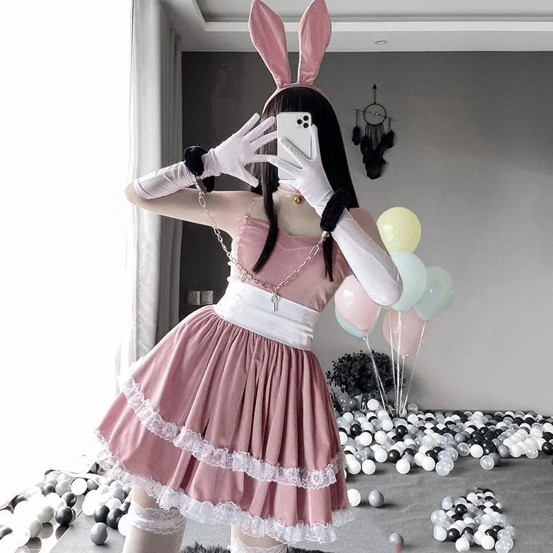 Cute Pink/Black Lovely Sweet Rabbit Maid Cosplay Suit Set SS2003
