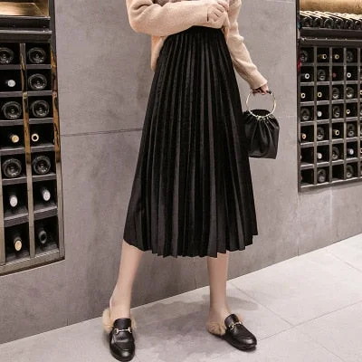 Autumn Winter Velvet Skirt High Waisted Skinny Large Swing Long Pleated Skirts Metallic Plus Size 3XL Midi Saia