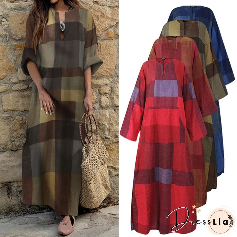 S-5XL Women Long Sleeve Vintage Plaid Holiday Dress Spring Autumn Casual Loose Long Dresses Kleid
