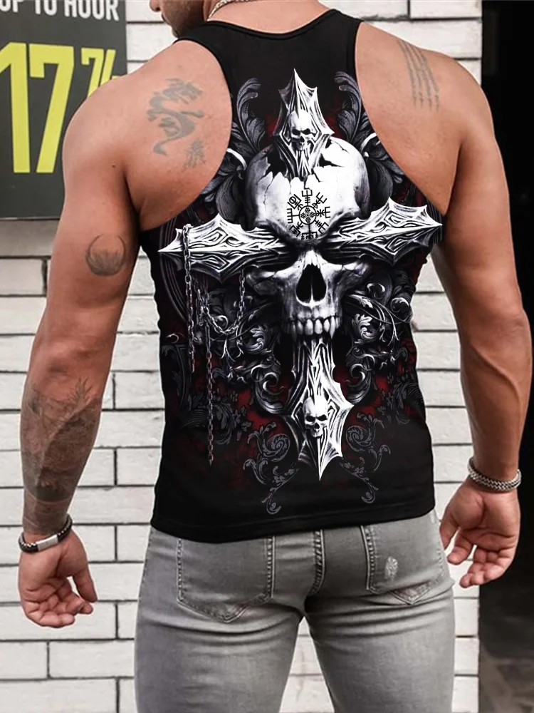 Wearshes Men's Viking Vegvisir Skull Cross Vintage Graphic Tank Top