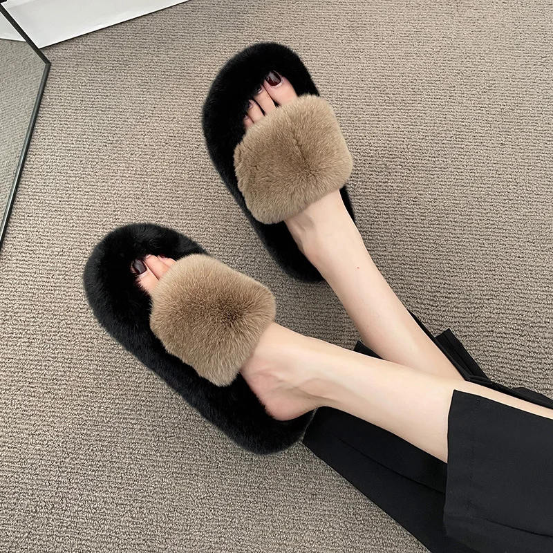 Yyvonne Wear Thick-Sed Haired Slippers Women 2025 Autumn And Winter Plush Indoor Home Lazy Cotton Slippers Tide