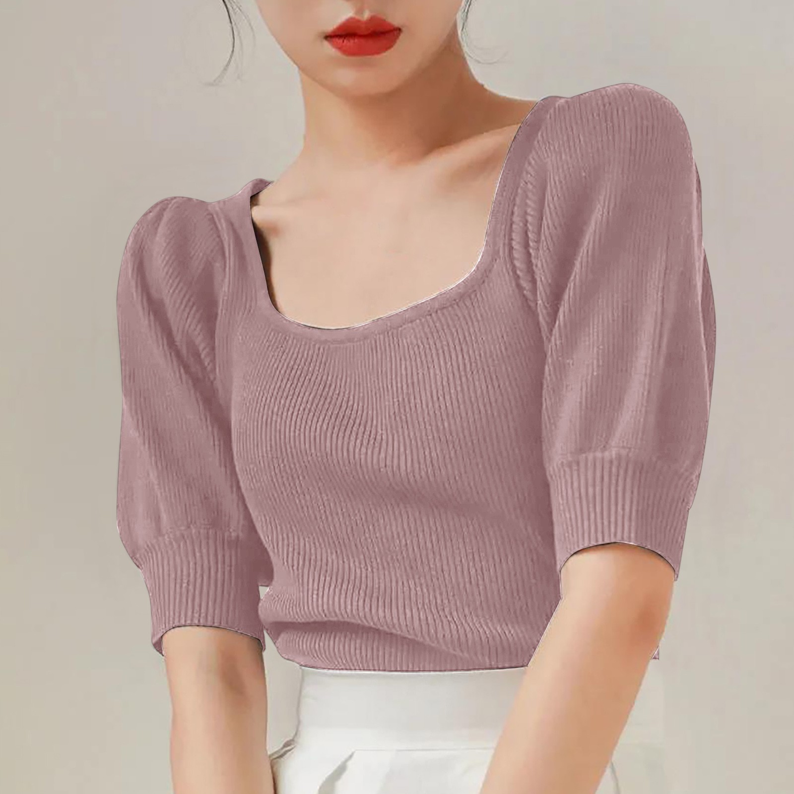 Kanonion Elegant Women Puff Sleeve T-Shirts Ribbed Square Neck Chic Solid Color Tees Summer Office Lady Korean Style Slim Fit Tops
