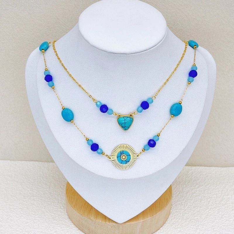 Casual Vacation British Style Round Heart Shape 304 Stainless Steel Double Layer Necklaces