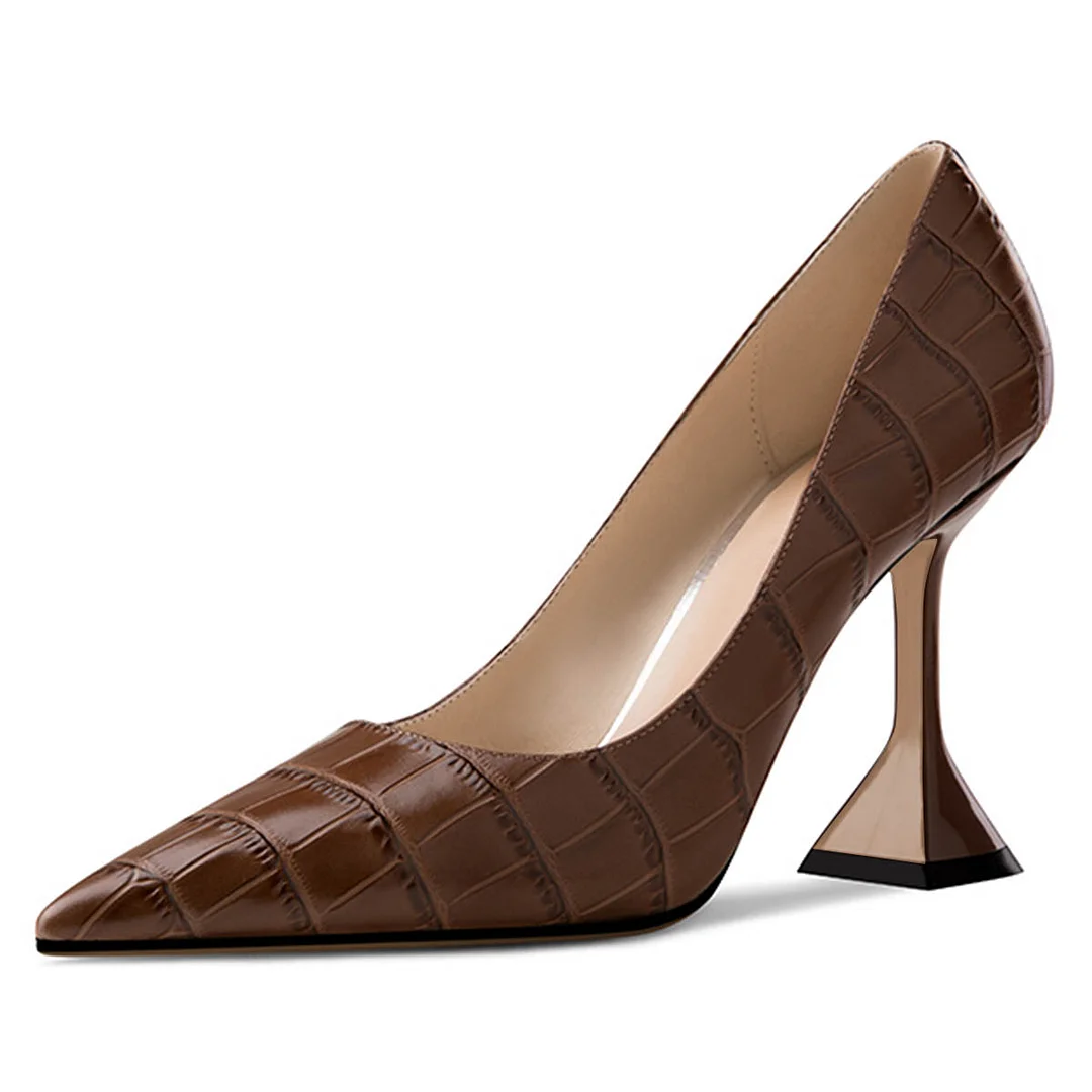 Brown Pointed Toe Women's High Heels Croco Embossed Pumps Shoes