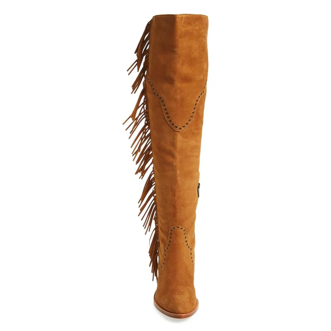 Tan Closed Toe Studded Fringe Over The Knee Boots for Women