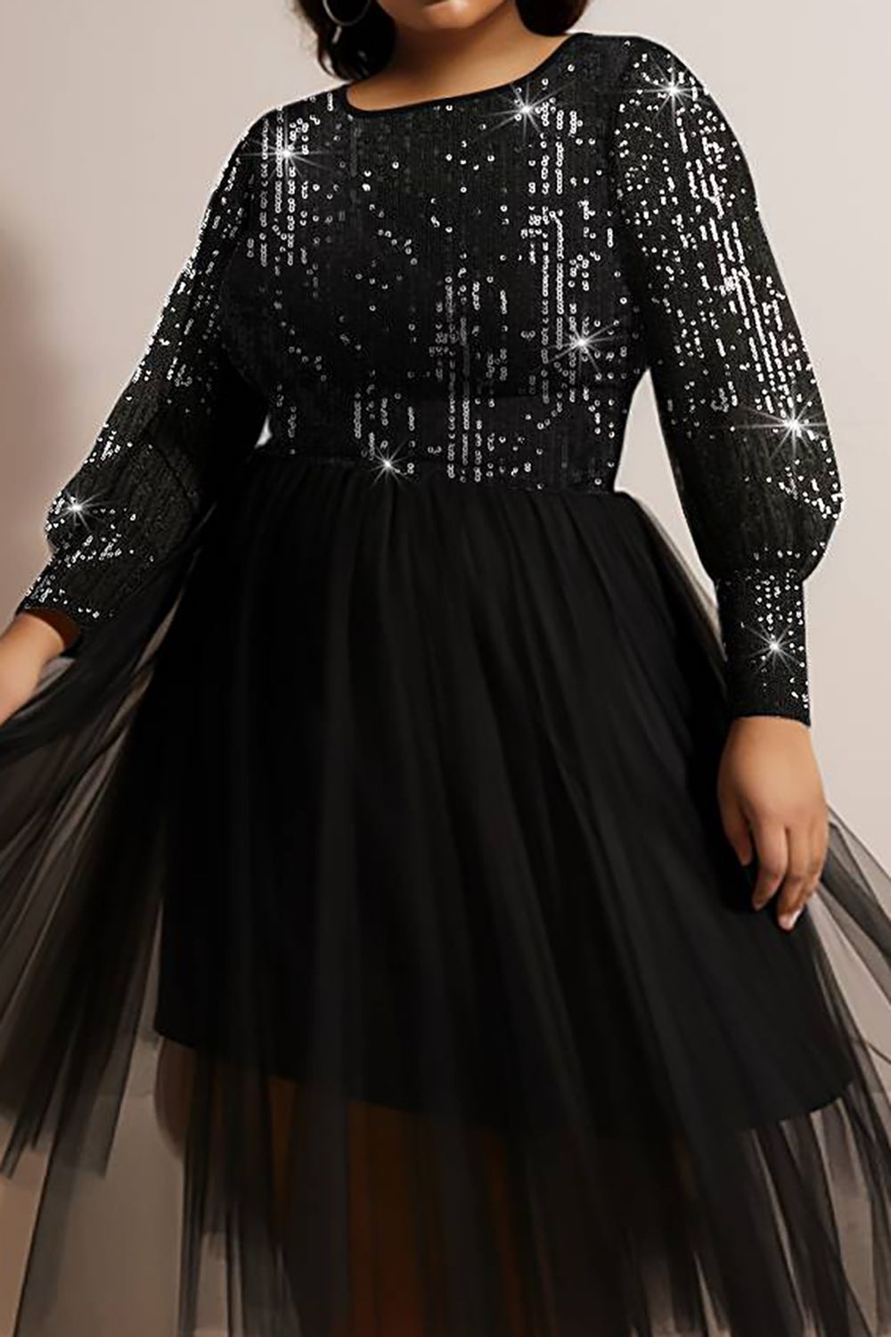 Design Plus Size Party Midi Dresses Elegant Black Spring Summer Round Neck Lantern Sleeve Long Sleeve Contrast Sequin Tulle Midi Dresses [Pre-Order]