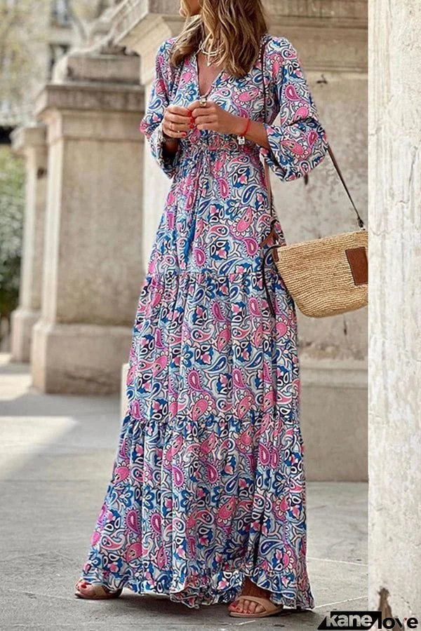 Boho Paisley V Neck Long Sleeve Maxi Dress