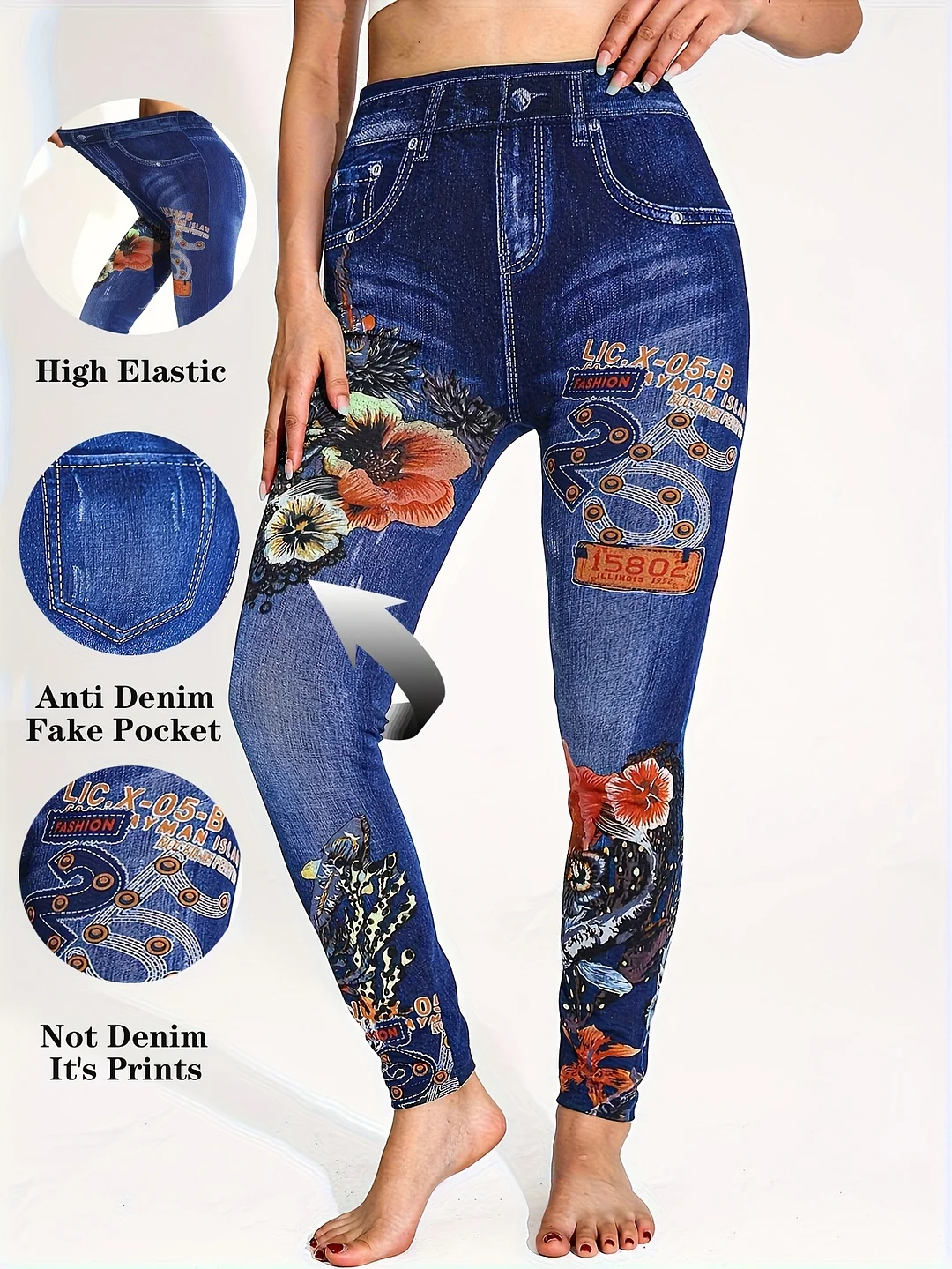 Women's High-Elasticity Floral & Denim Print Leggings - Slim Fit, Ankle-Length, All-Season Comfort, Faux Pockets, Machine Washable, High Waisted Leggings, Flexible Clothing, Comfortable Attire, Highelastic Fabric, Design | IFYHOME