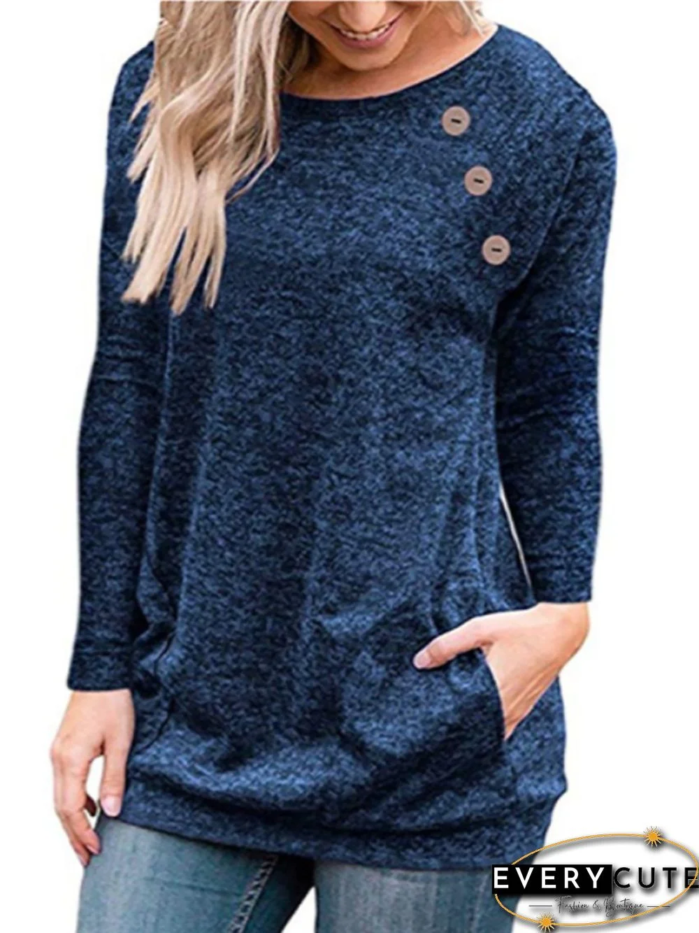 Casual Solid Button Long Sleeves Tunic Pocket Long Sleeve T-shirt
