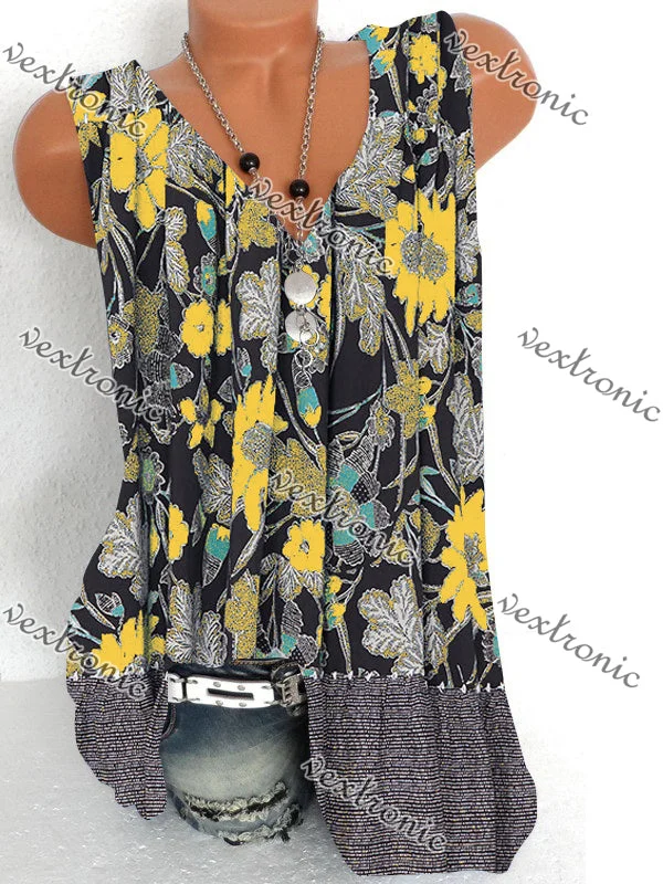 Women's Sleeveless Floral Printed Printed V-neck Tops T-shirt