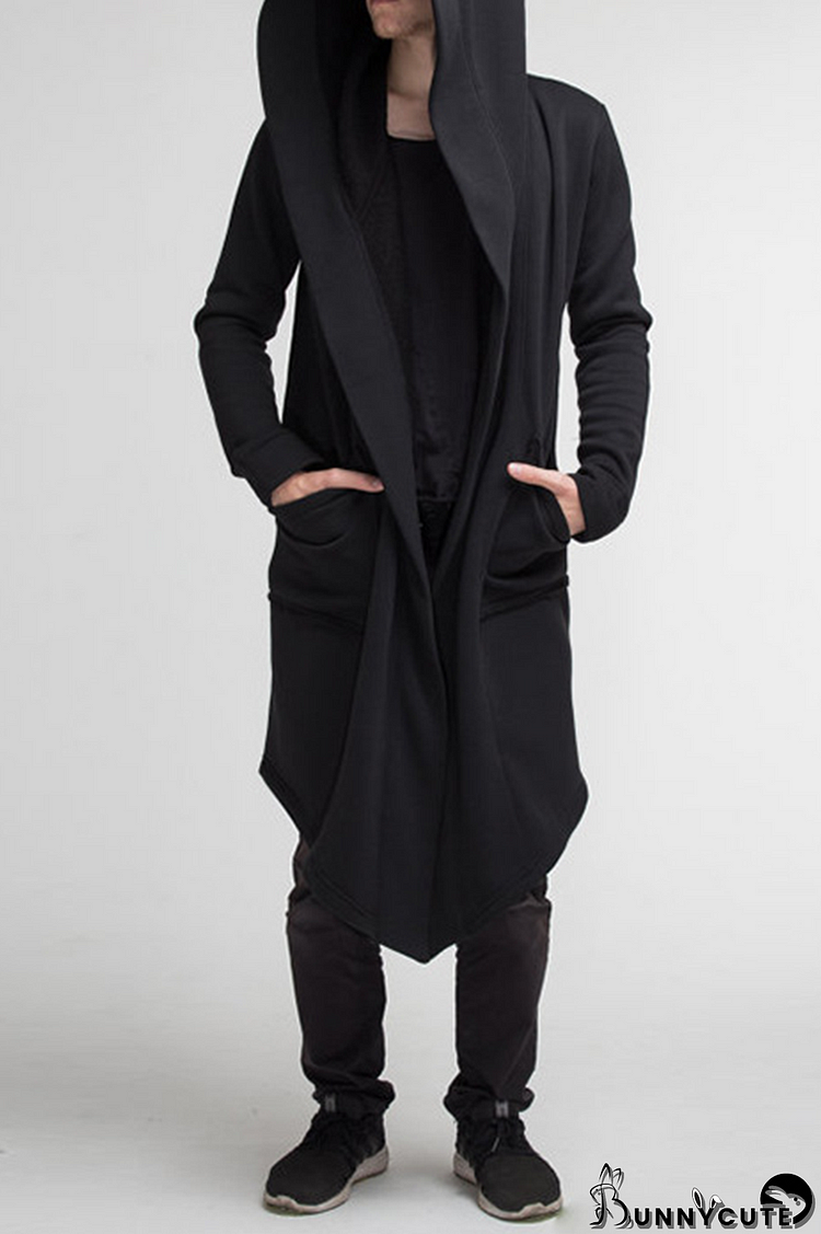 Black Casual Solid Split Joint Pocket Hooded Collar Outerwear