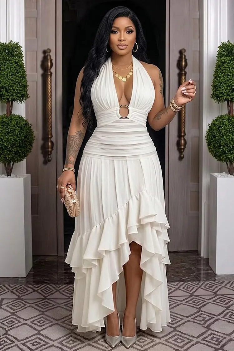 Plunge Neck Metal O-Ring Ruched Irregular Hem Maxi Dresses-White [Pre Order]