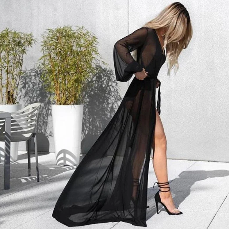 Uveng Sexy Mesh Long Seaside Mop Dresses