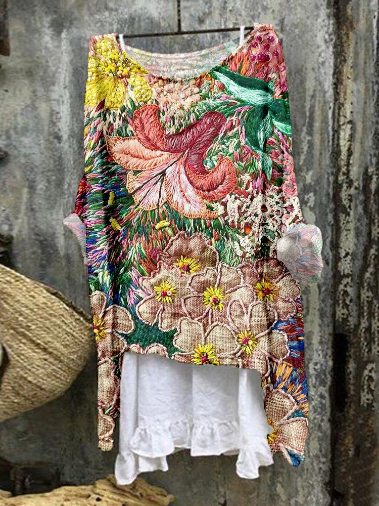 Vintage Flowers Embroidered Linen Blend Flowy Tunic