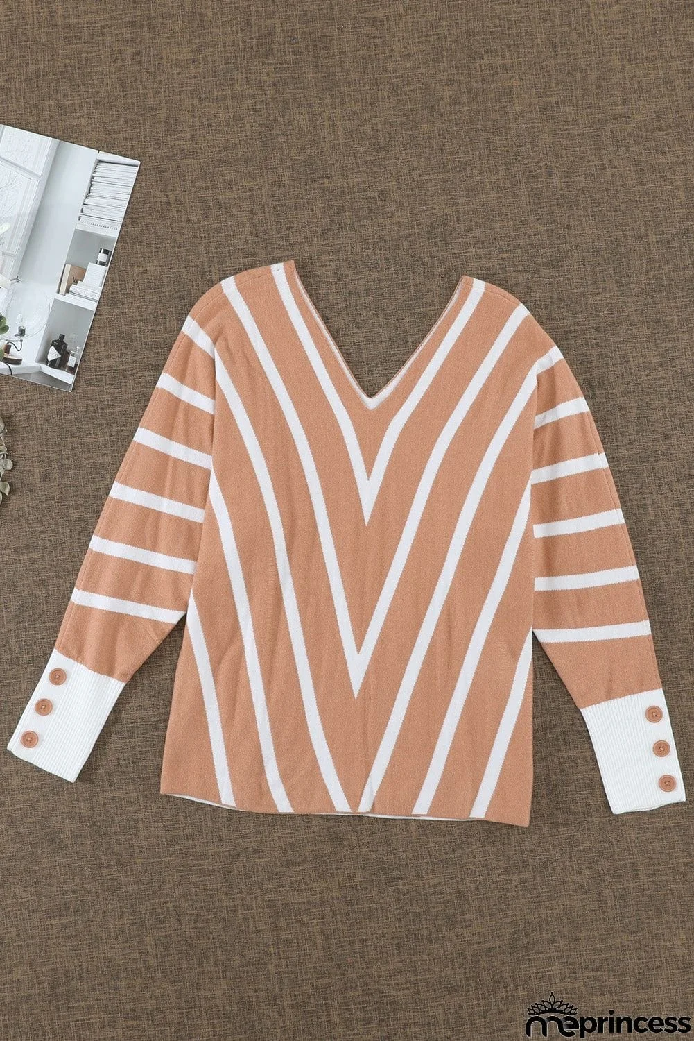 Khaki V Neck Popper Cuff Striped Casual Sweater