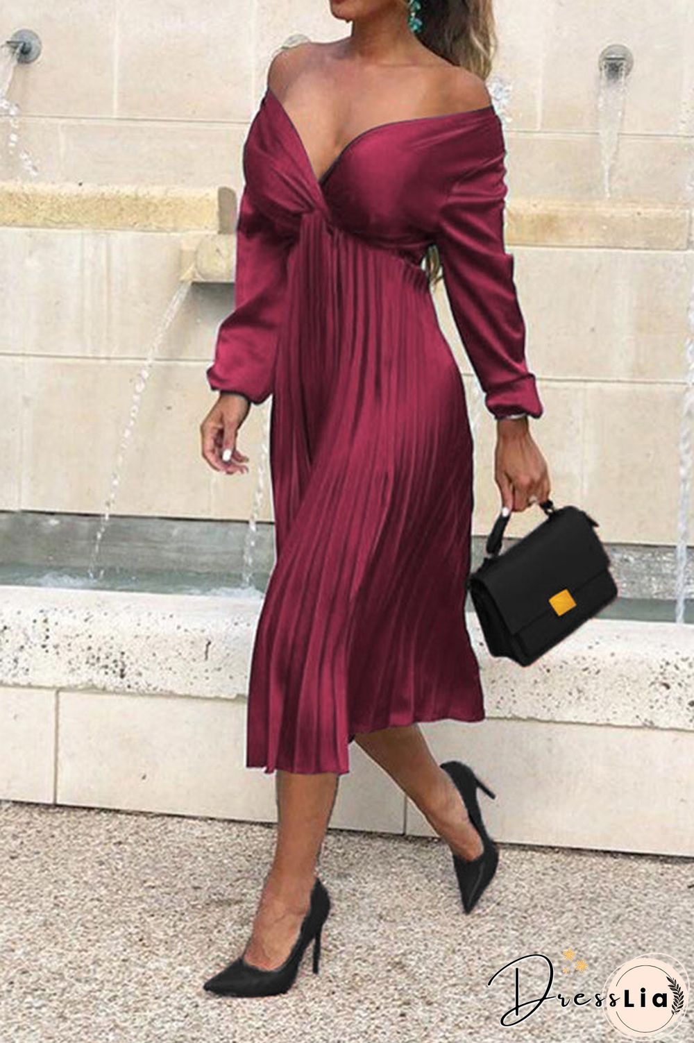 Solid Sexy Ruched V-neck Midi Dress