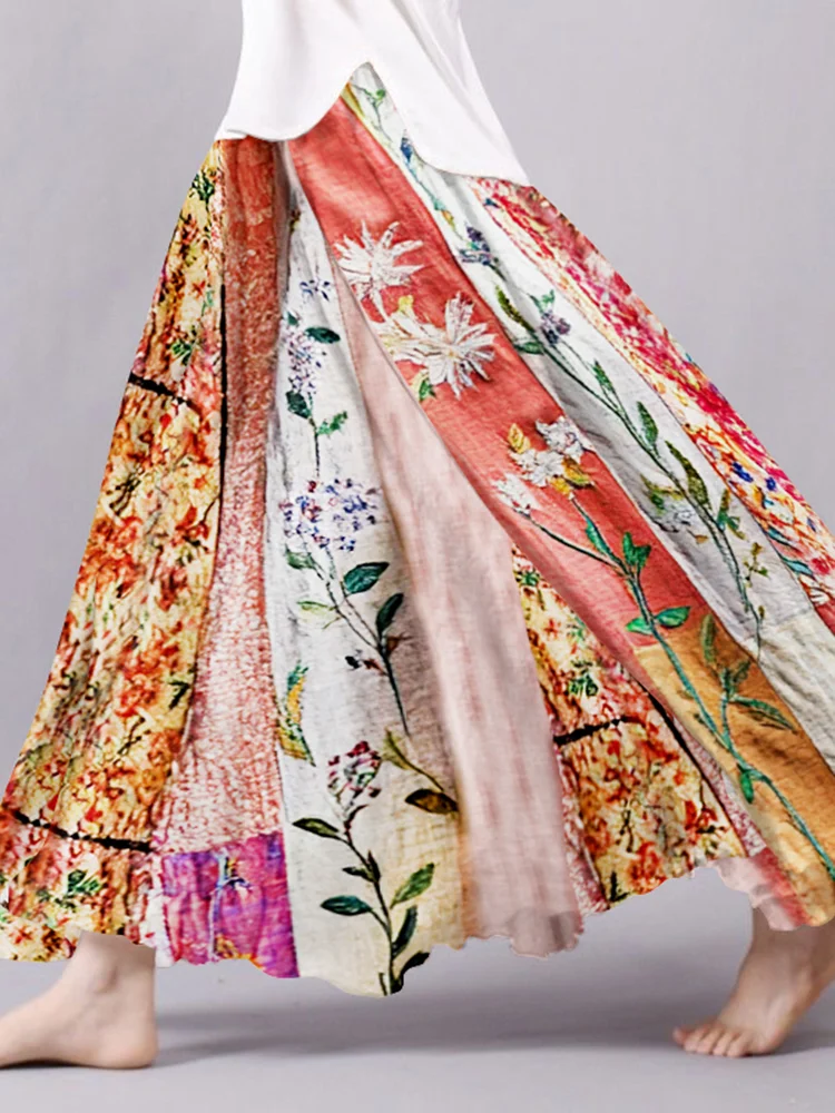 Women's Boho Flowers Art Linen Blend Comfy Skirt